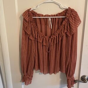 Anthropologie Terracota Color Longed Sleeved Boho Blouse with Tie V-Neck.